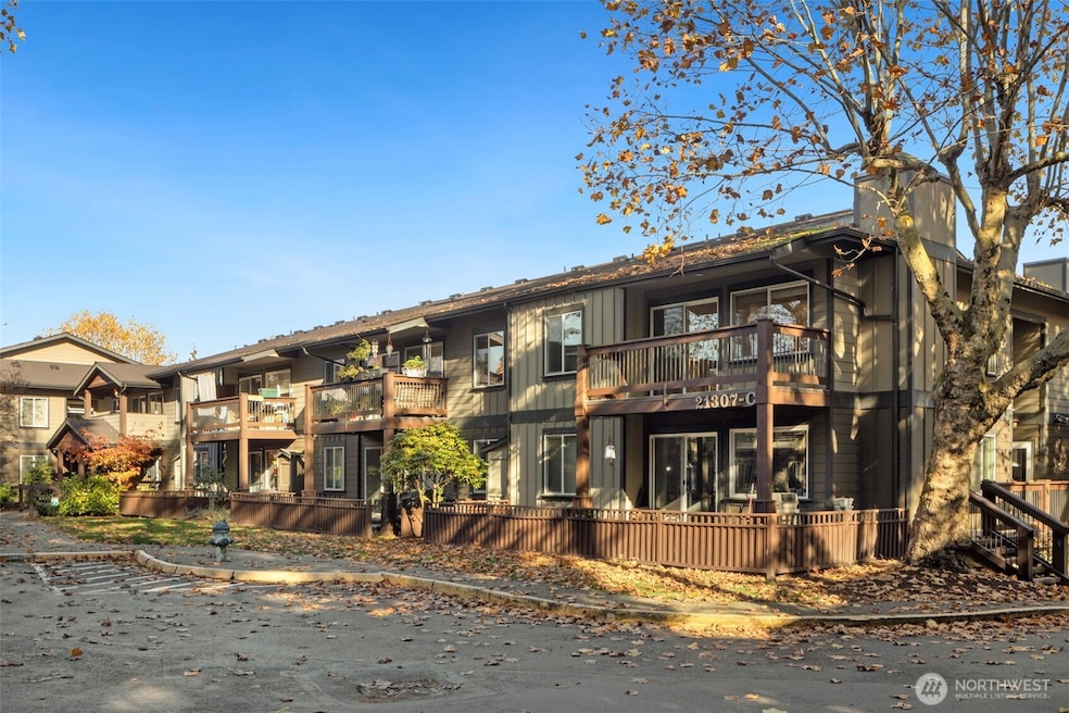 Top-floor corner unit framed by a giant maple tree.