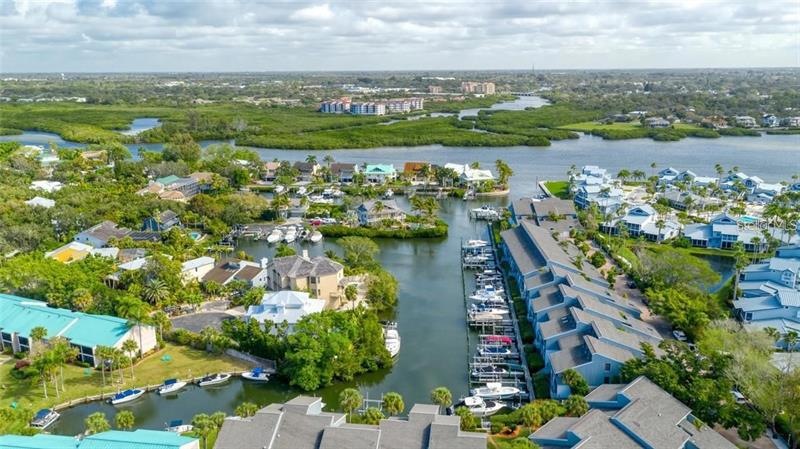 Aerial view of Harbour Towne with its boat slips and easy access to the Intracoastal Waterway.