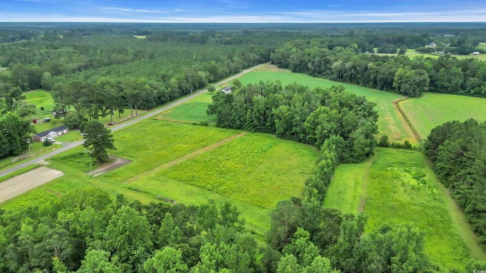Overview of rural landscape featuring a heavily wooded area