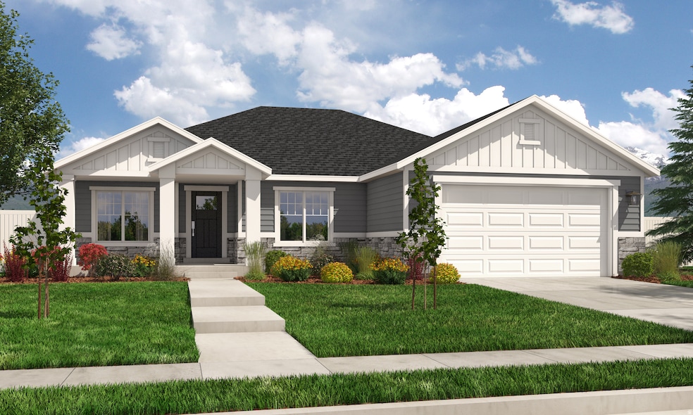 Craftsman inspired home featuring stone siding, a front lawn, and board and batten siding