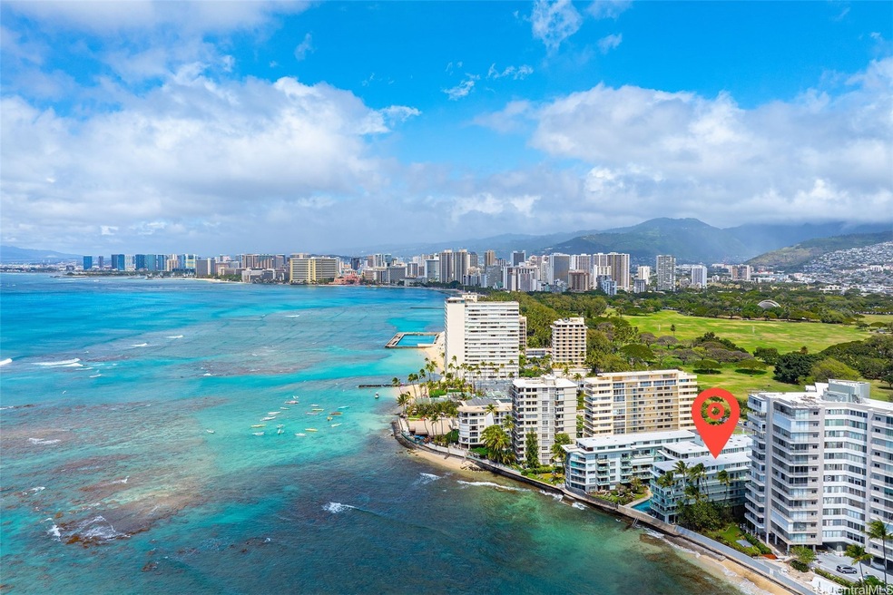 Waikiki oceanfront building with ocean and park vi