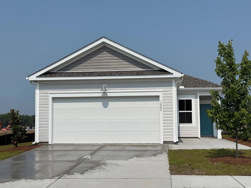 Ranch-style home with concrete driveway, a garage, and a shingled roof