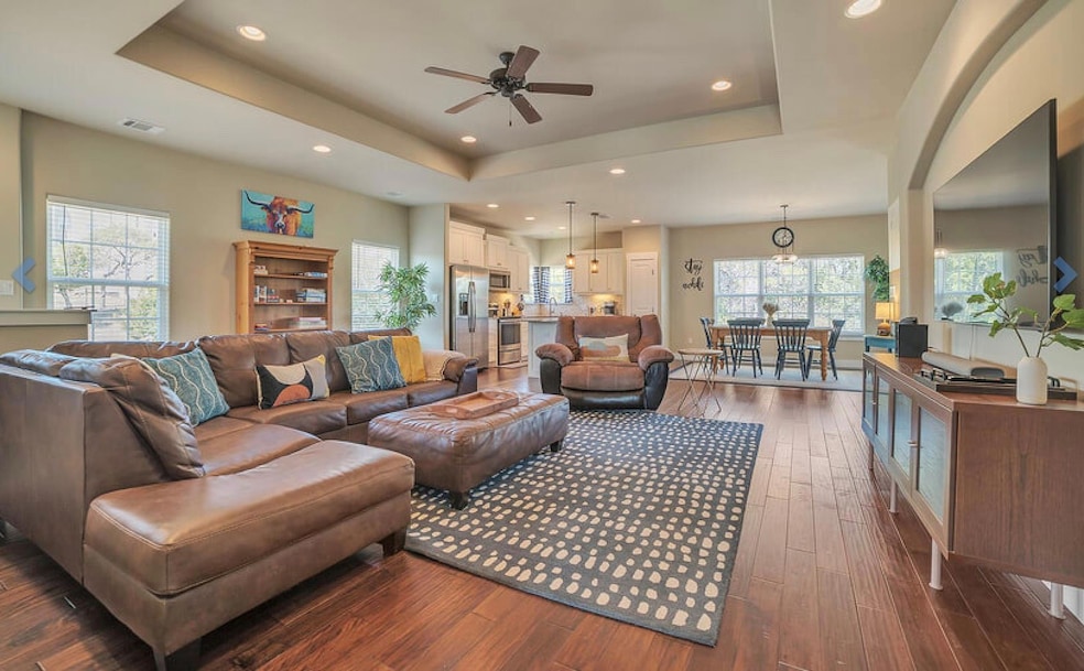 Living room with a ceiling fan, a raised ceiling,