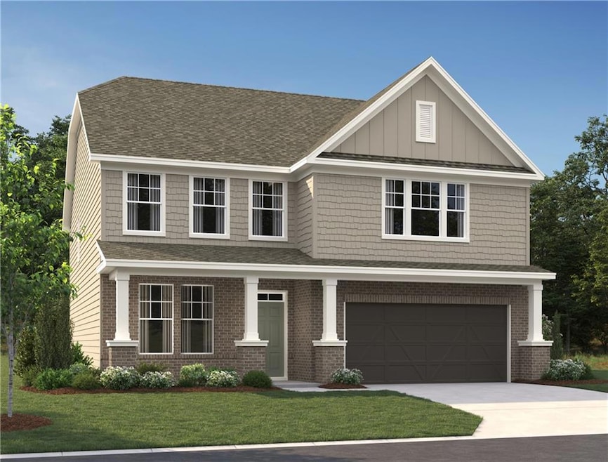 Craftsman inspired home with brick siding, a garage, a front lawn, concrete driveway, and a shingled roof
