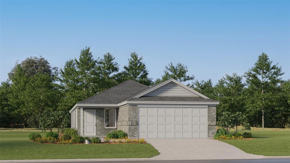 Ranch-style home with a garage, a front lawn, conc