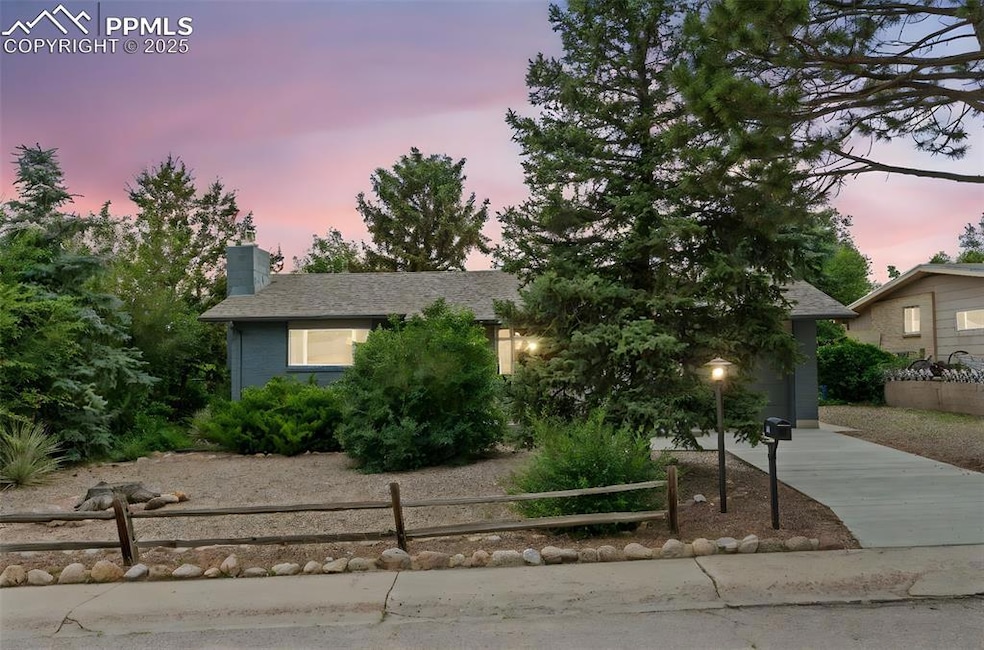 View of property hidden behind natural elements with concrete driveway, a chimney, and a shingled roof