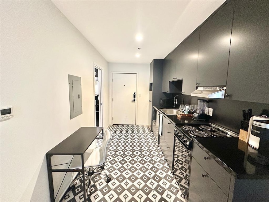 Kitchen with dark cabinets, black range with electric stovetop, dark countertops, under cabinet range hood, and electric panel
