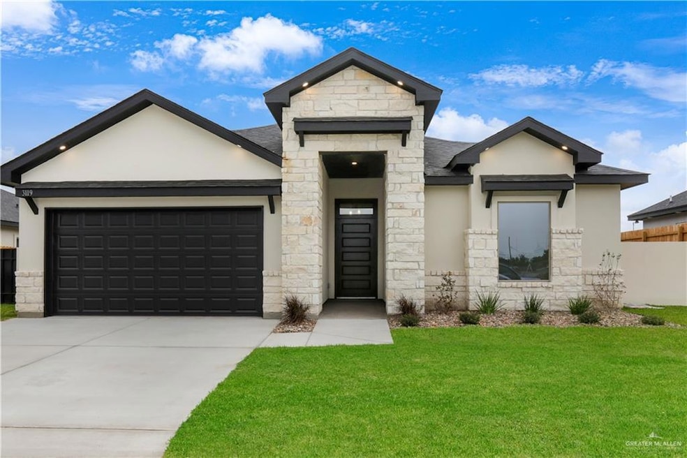 View of front of property with concrete driveway, stucco siding, stone siding, a front lawn, and a garage