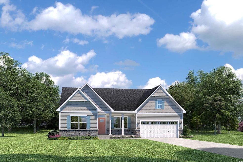 View of front of home with a front yard, driveway, roof with shingles, and stone siding