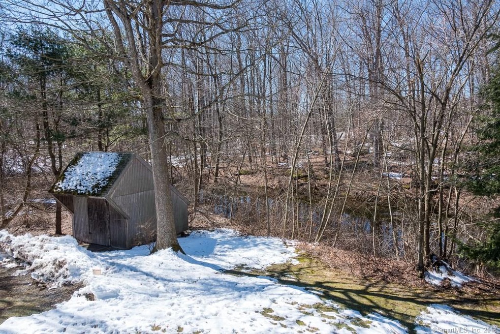 View of pond and storage outbuilding.