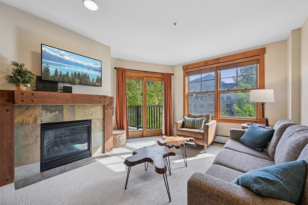 Carpeted living area featuring a fireplace and a baseboard heating unit