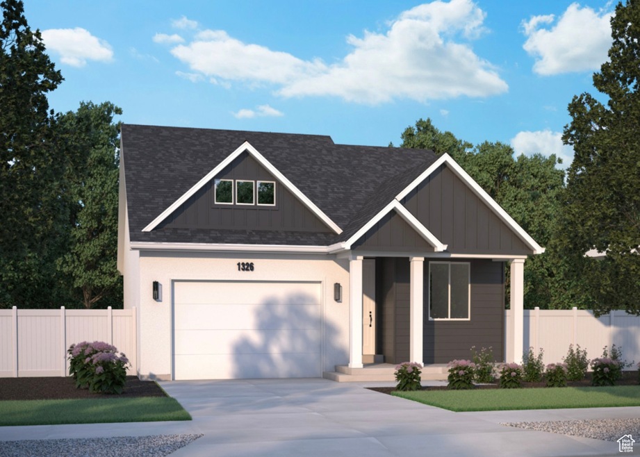 View of front of home with roof with shingles, concrete driveway, a garage, and board and batten siding