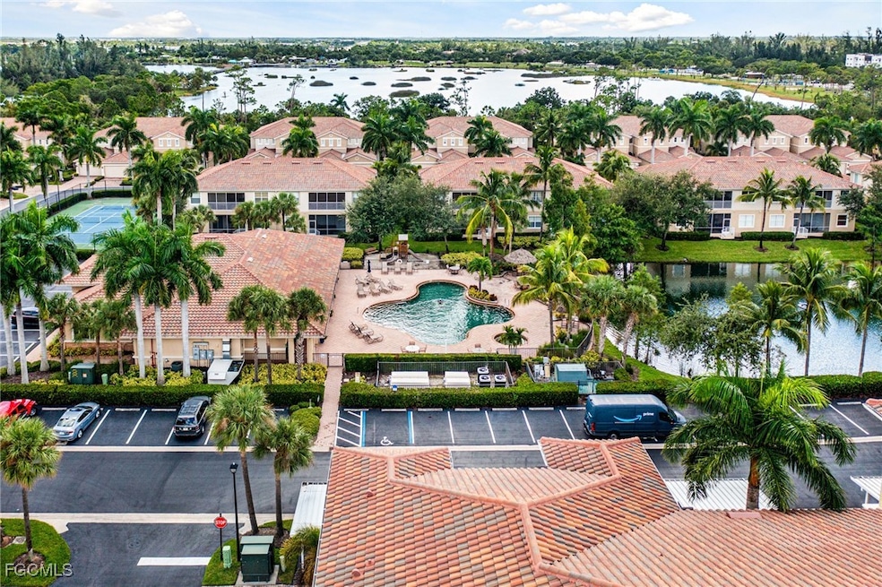 Bird's eye view of a large body of water and a pool area