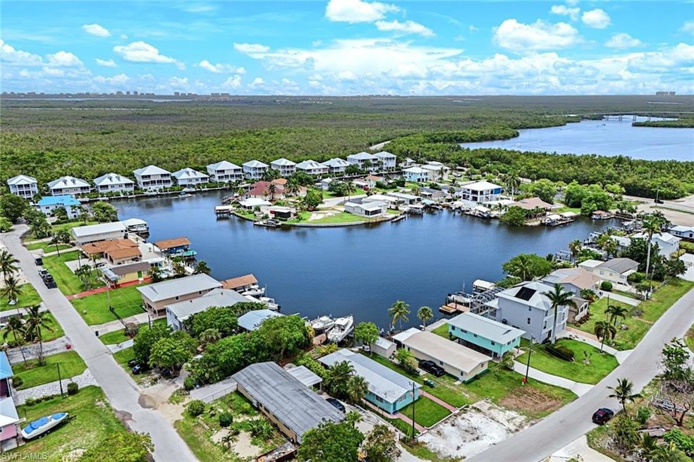 Aerial view of residential area with a heavily wooded area and a large body of water
