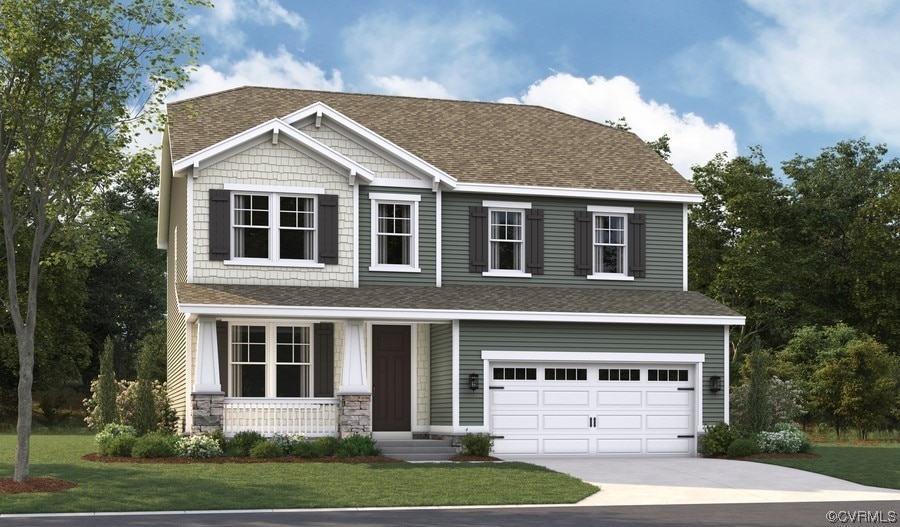 Craftsman house with a front lawn, a garage, and a