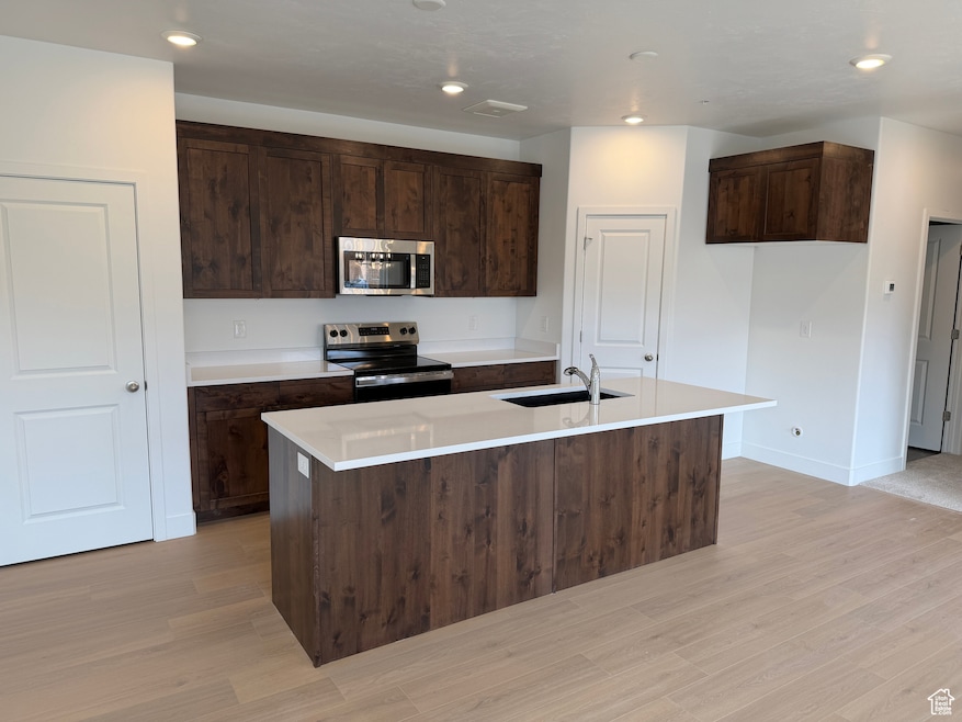 Kitchen with stainless steel appliances, dark brown cabinetry, light wood-type flooring, recessed lighting, and an island with sink