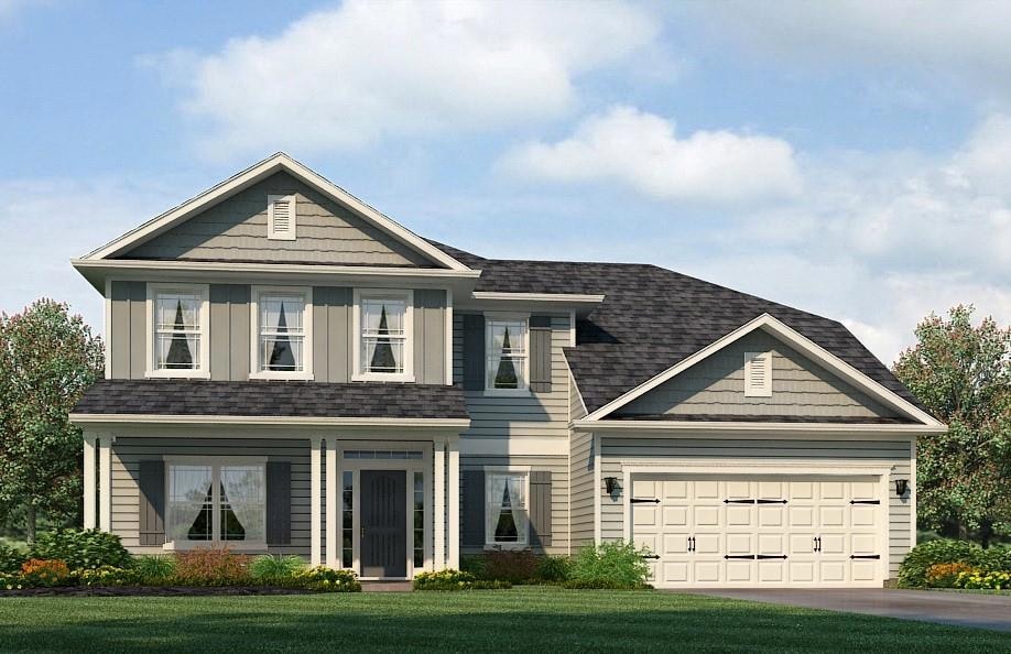 View of front of house featuring an attached garage, a front lawn, driveway, and a shingled roof