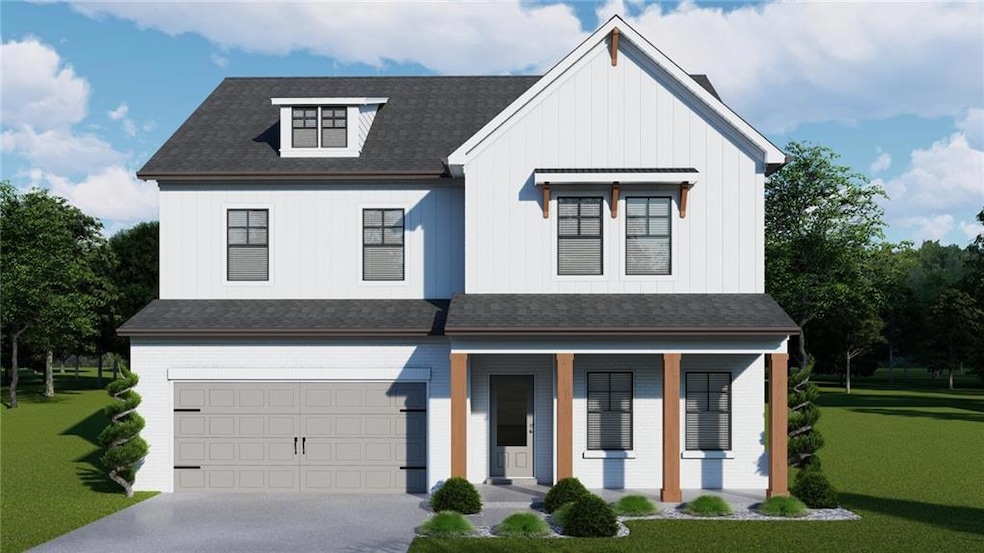 View of front of property with a porch, board and batten siding, a front yard, an attached garage, and concrete driveway