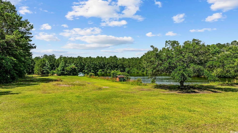 View of grassy yard featuring a water view, a view of trees, and a storage unit