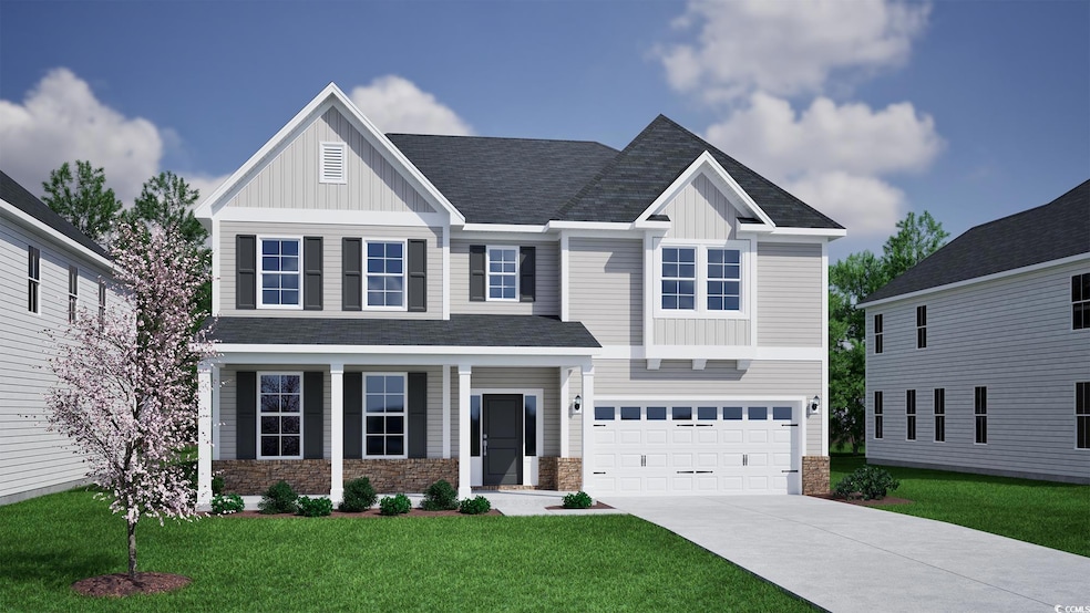 Craftsman inspired home featuring board and batten siding, concrete driveway, a garage, and a front yard