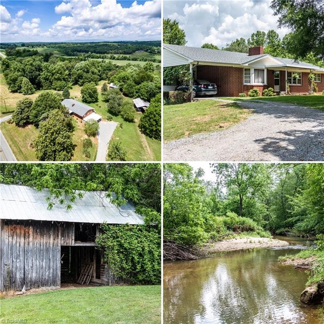 Well maintained ranch home and farm on approx. 20 acres with barns, outbuildings and frontage along Snow Creek in Yadkin Valley wine country.
