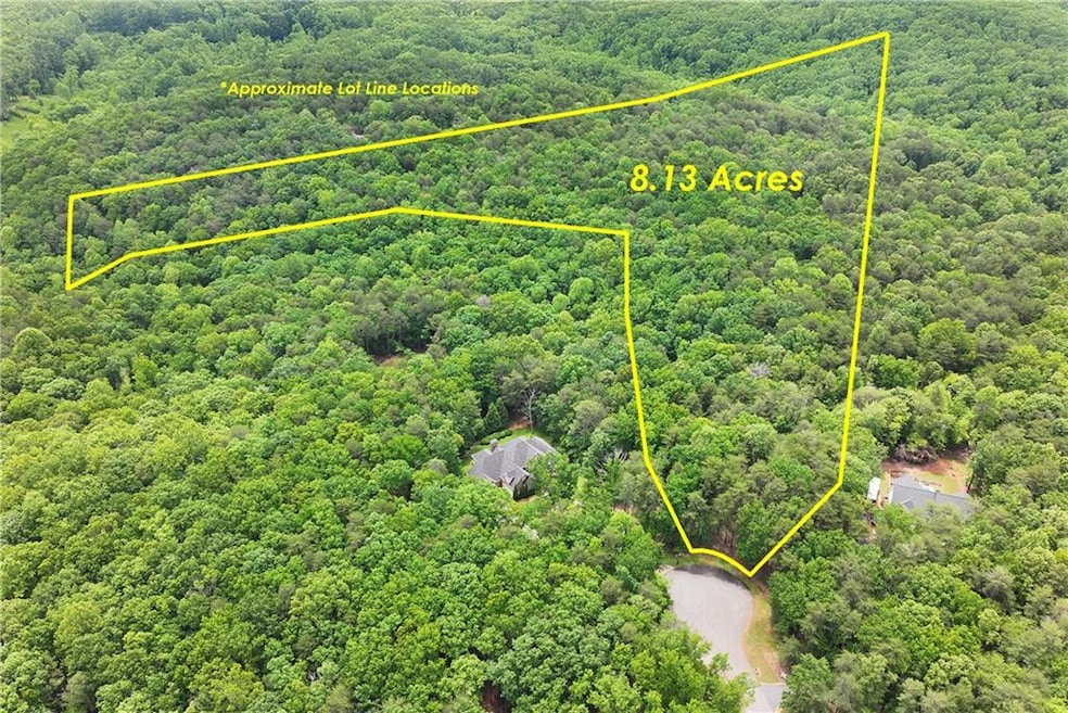 Aerial view of property and surrounding area with a forest and property parcel outlined