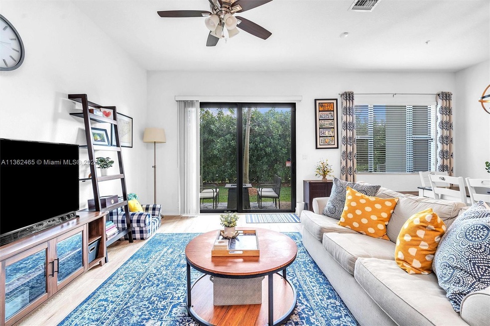 Comfortable space with ceiling fan and patio view
