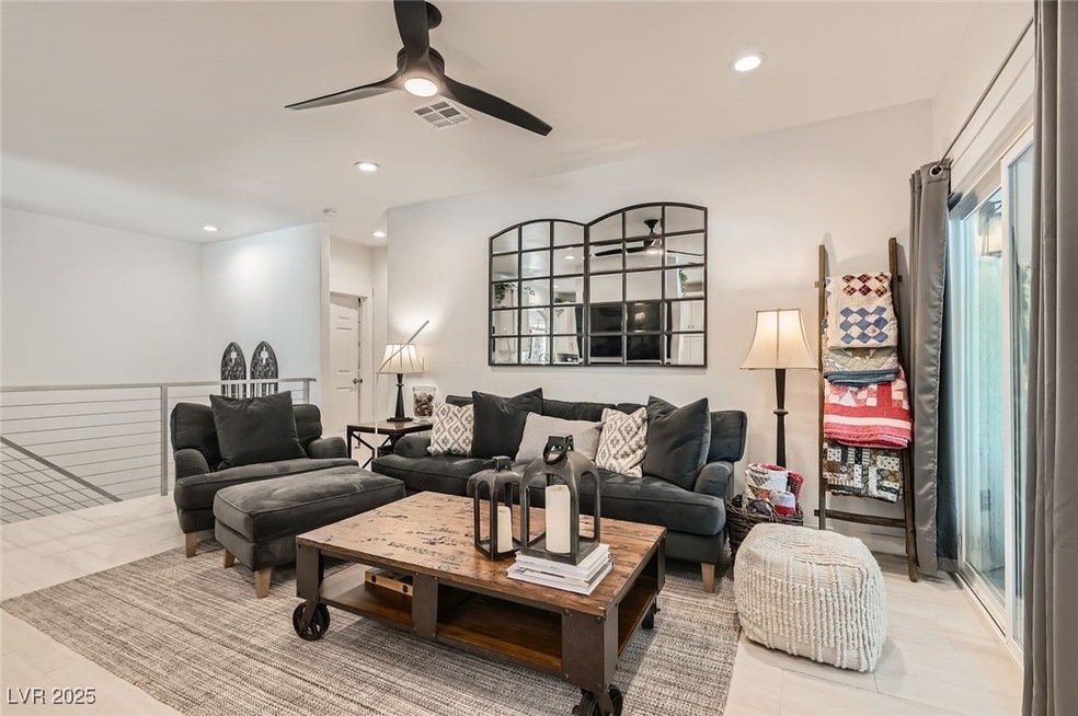Living room featuring a ceiling fan, recessed ligh