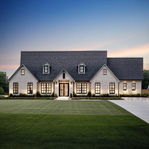 View of front of home featuring french doors, a lawn, and brick siding- final product may vary