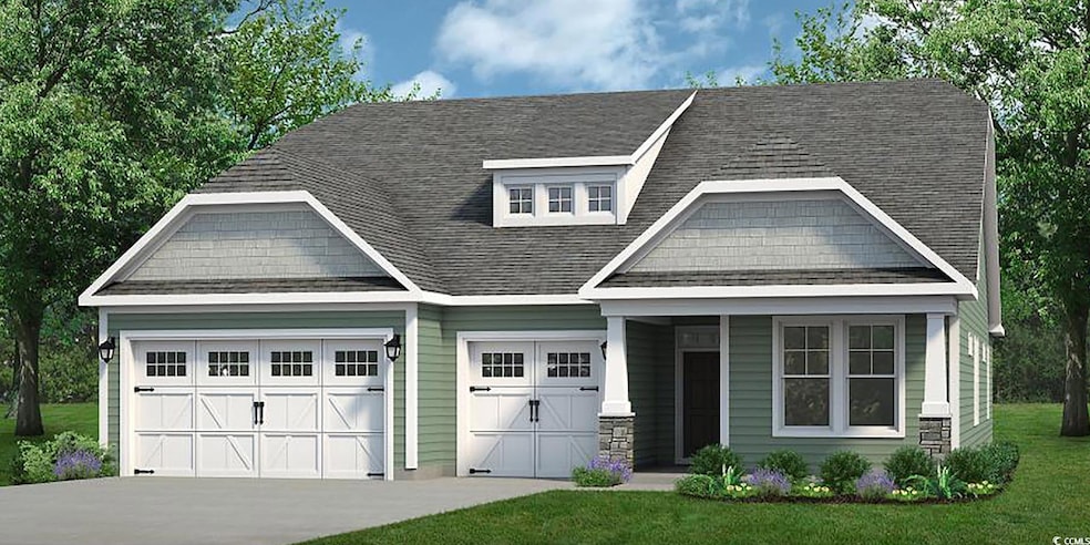 Craftsman-style home with driveway, an attached garage, a front yard, covered porch, and roof with shingles