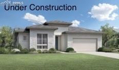 View of front of house with a garage, a front yard, and driveway