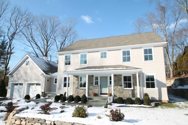 Stone fron porch, shingle style  farmhouse reprodu