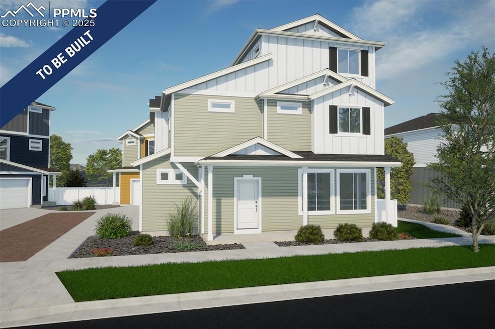 View of front facade with board and batten siding,