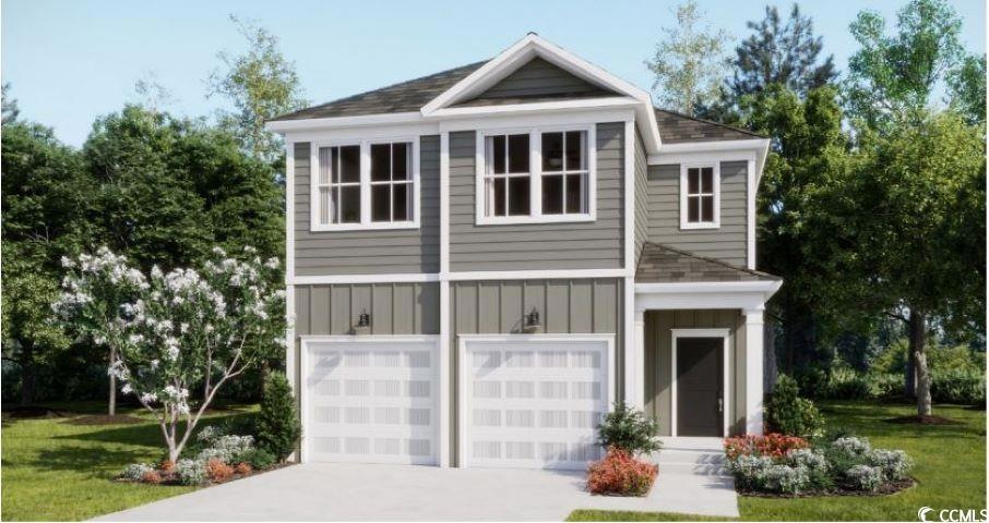 Exterior space featuring board and batten siding, 