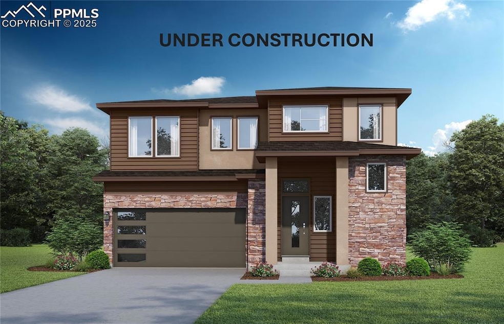View of front of property featuring stone siding, concrete driveway, a front lawn, and an attached garage