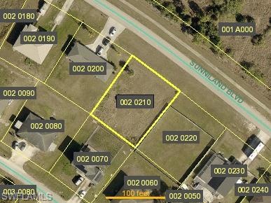 Aerial view of property's location with property parcel outlined