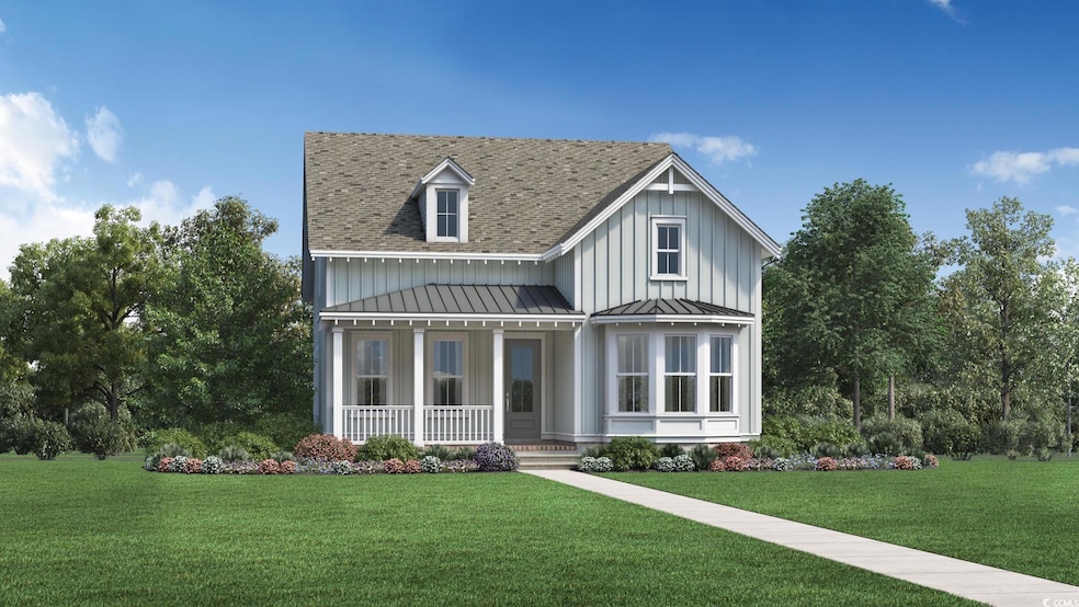 Modern farmhouse with a porch, board and batten siding, a standing seam roof, a front lawn, and metal roof