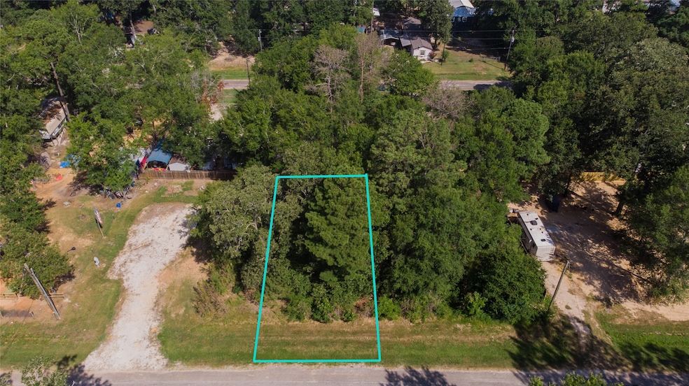 This aerial view highlights a beautifully wooded l