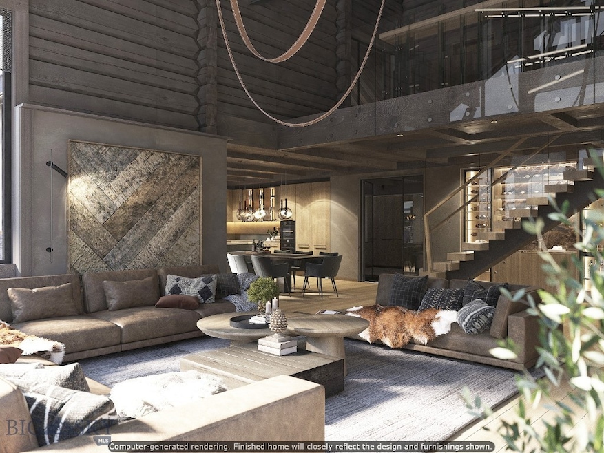 Spacious living room with cathedral ceiling, granite fireplace, and custom-made furniture and decor