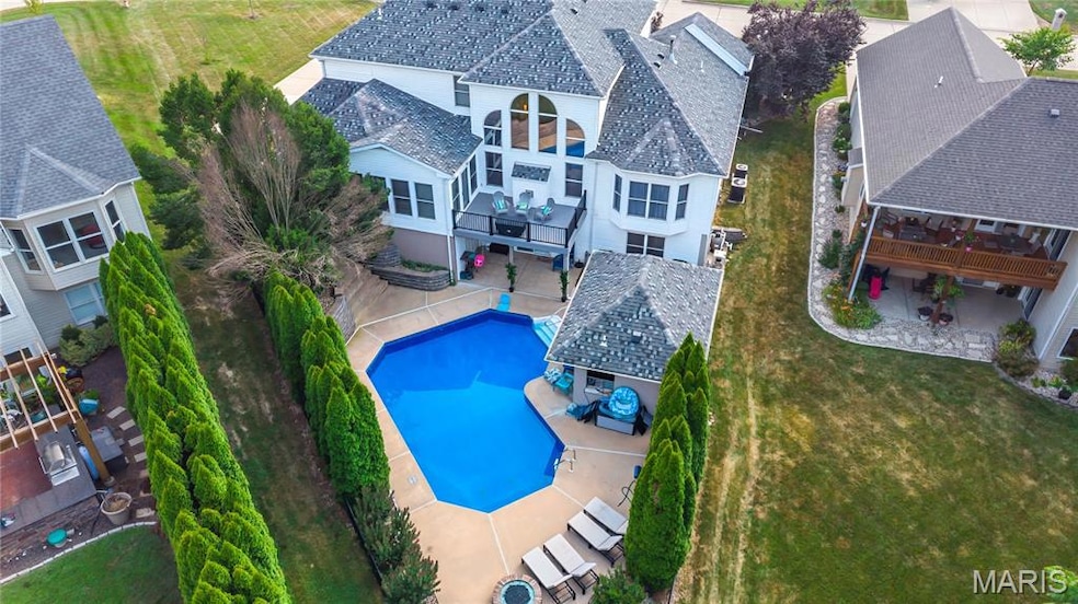View from above of property with a pool