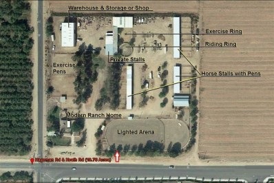 Aerial Photo Showing Aminities of Offered Property, including, but not limited to,  1712 sq foot ranch style modern home, lighted regulation rodeo arena with bleachers, 5000 sq foot modern shop, double and single horse/animal stalls with pens, excercise /