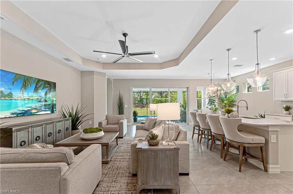 Open living room with tray ceilings!