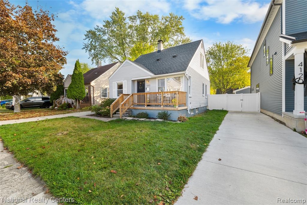 Bungalow-style home with a chimney, a deck, roof with shingles, concrete driveway, and a gate