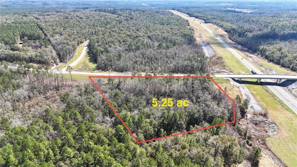 Aerial view of property and surrounding area with a forest and property boundaries highlighted