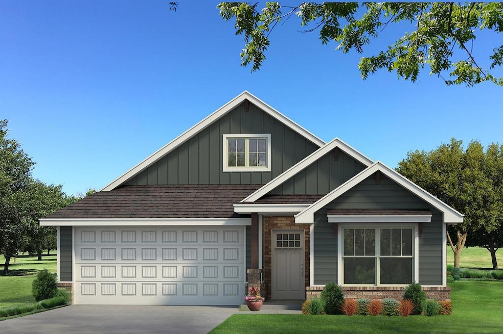 Craftsman-style house with board and batten siding, driveway, a front lawn, a garage, and roof with shingles