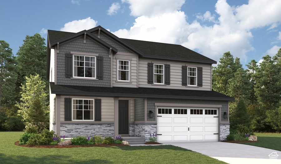 Craftsman-style home featuring stone siding, a front yard, an attached garage, concrete driveway, and a shingled roof