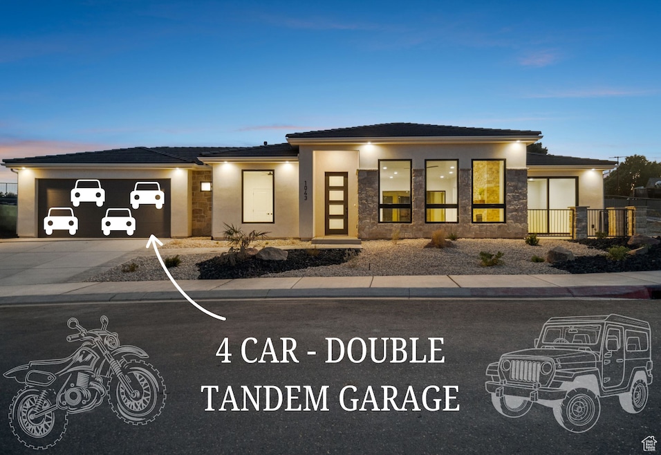 View of front of home with stucco siding, driveway, an attached garage, and stone siding