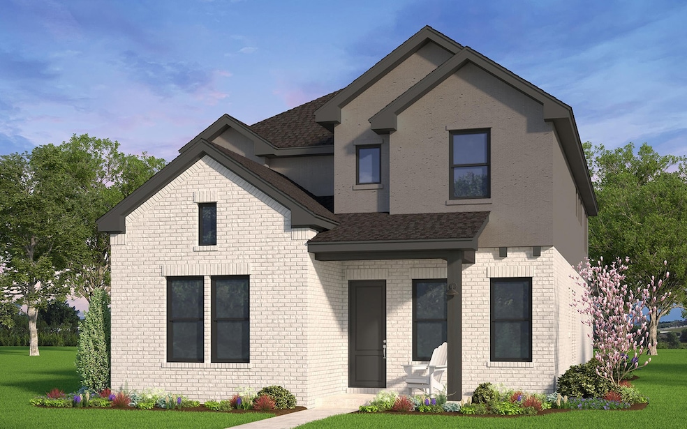 View of front facade with brick siding, a front yard, and roof with shingles