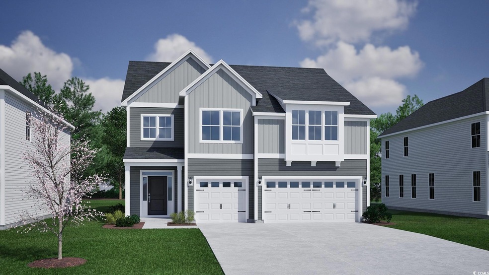 View of front of house featuring board and batten siding, an attached garage, concrete driveway, a front lawn, and a shingled roof