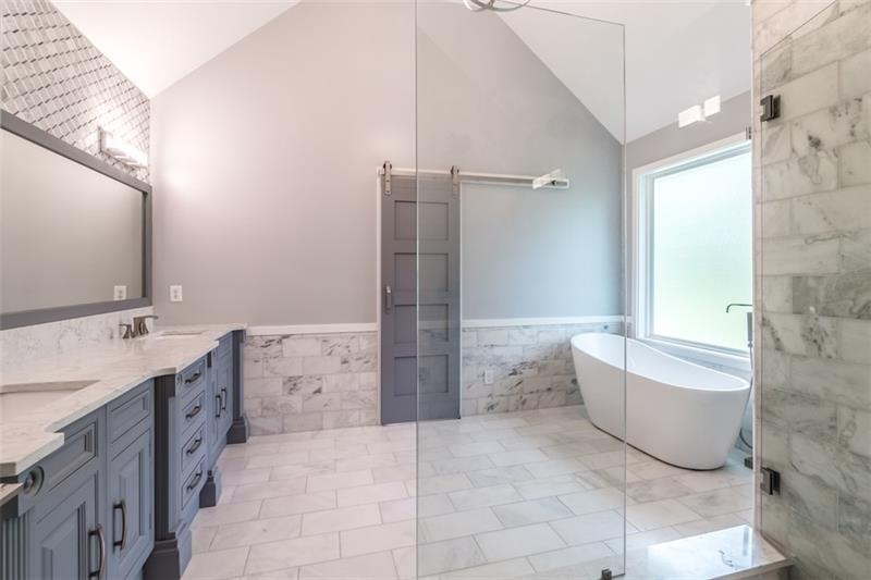 Joanna Gaines inspired bathroom.  Intricate marble